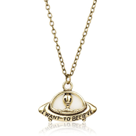 Collier Alien I Want To Believe UFO Bronze